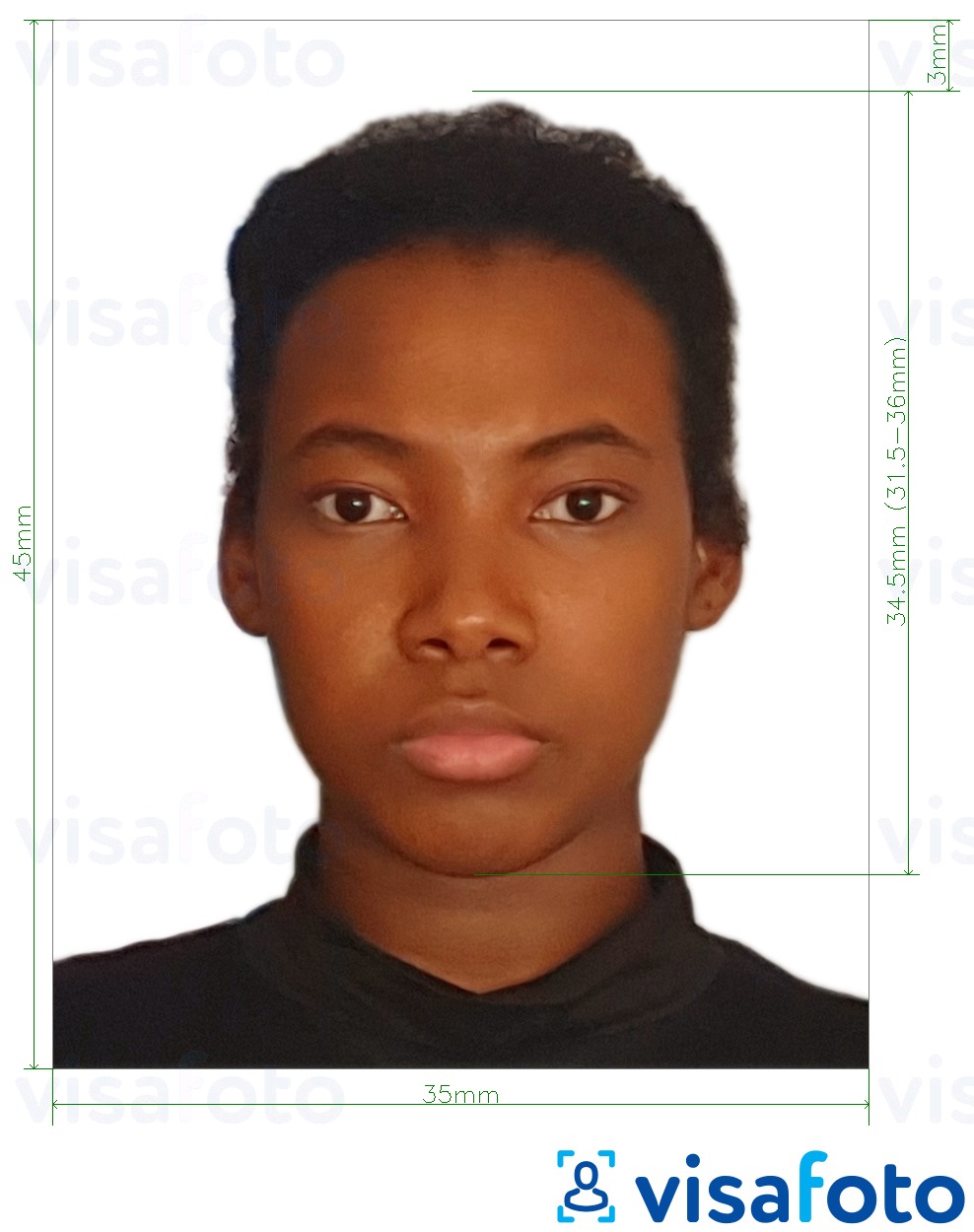 Esimerkkikuva Mosambikin viisumi 35x45 mm (3,5x4,5 cm), joka täyttää tarkat kokovaatimukset