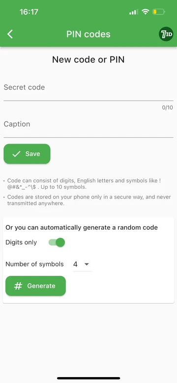 7ID: Сгенерируйте PIN-код или код