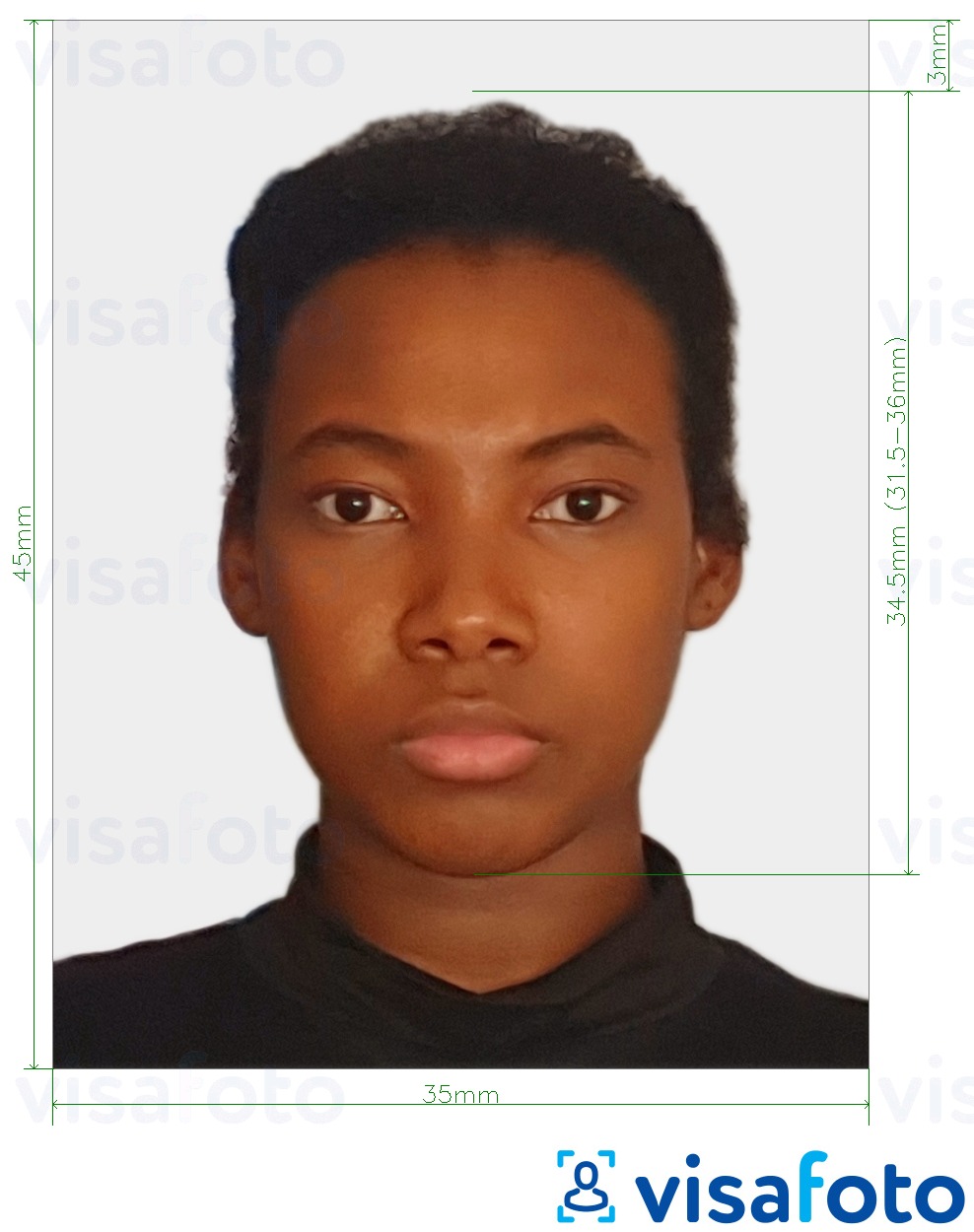 Esimerkkikuva Sambia visa photo 35x45 mm (3,5x4,5 cm), joka täyttää tarkat kokovaatimukset