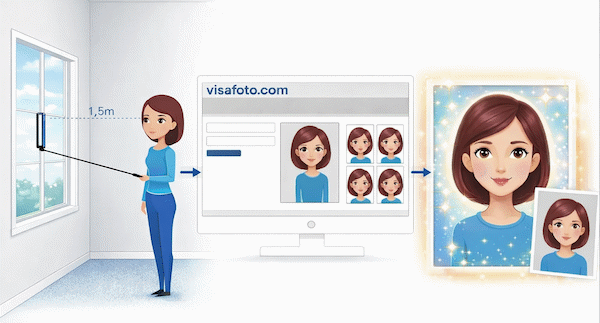 Ottakaa kuva älypuhelimella tai kameralla mitä tahansa taustaa vasten, ladatkaa se tänne ja saatte heti ammattilaiskuvan viisumia, passia tai henkilökorttia varten.